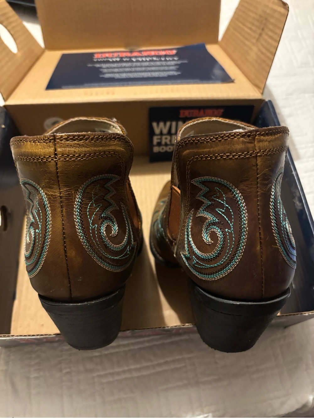 Durango Brown Western Ankle Boots with Turquoise Stitching - Picture 4 of 5